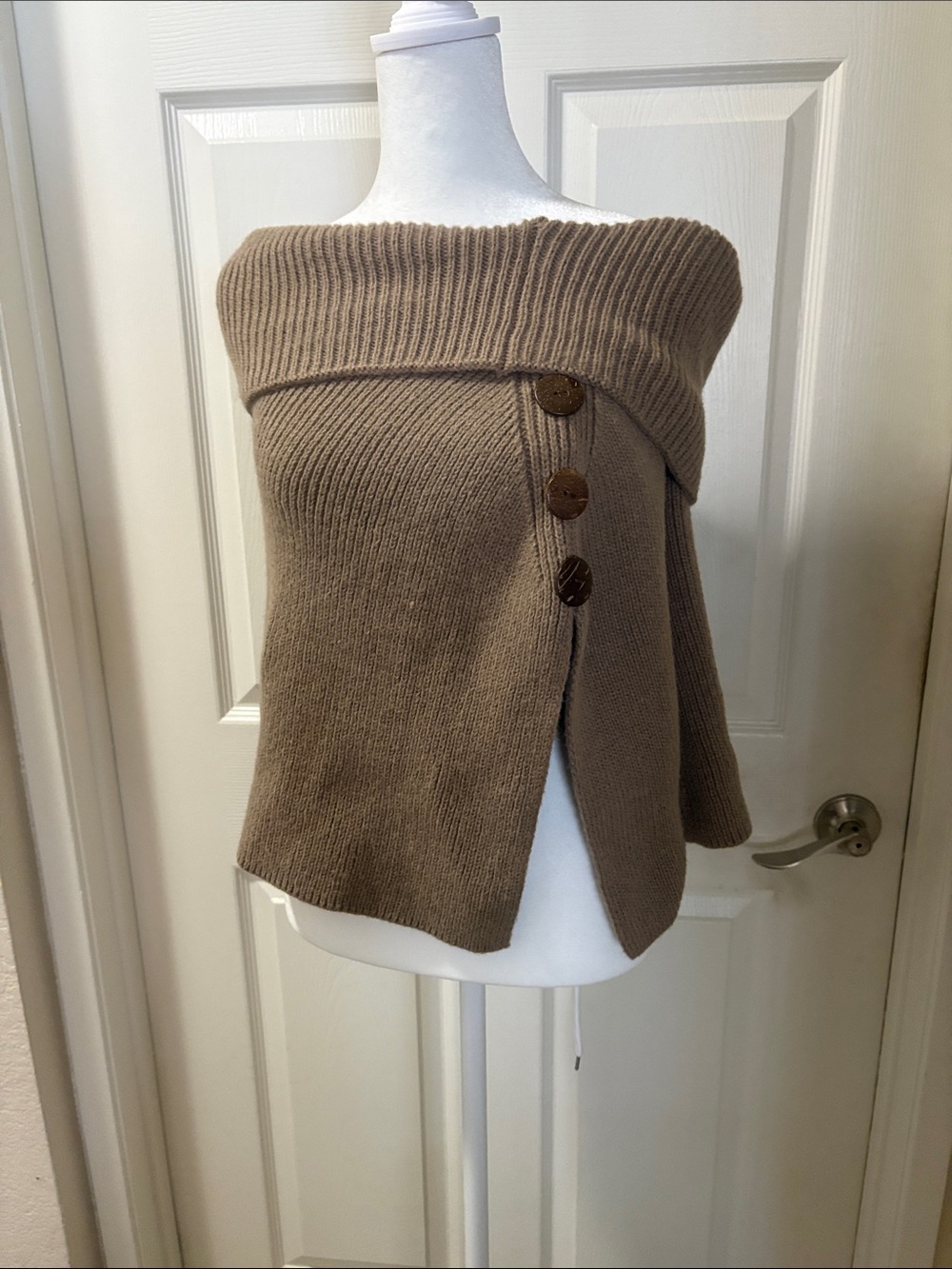 Brown Off-Shoulder Button Knit Sweater
